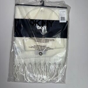 DKNY Beanie and Scarf Set Ivory White Winter Knit Fringe